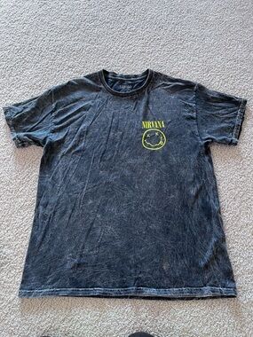 NIRVANA Black Acid Wash Tee with Yellow Smiley Logo